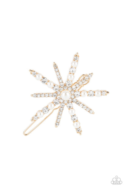 Paparazzi Accessories-Leading Luminary Gold White Rhinestone Pearl Drop Hair Clip