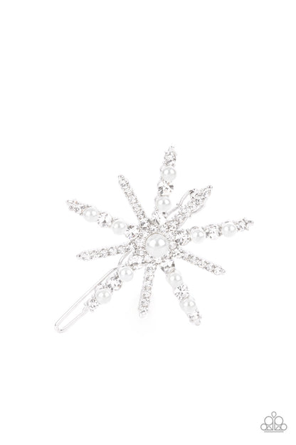 Paparazzi Accessories-Leading Luminary White Rhinestone Pearl Drop Hair Clip