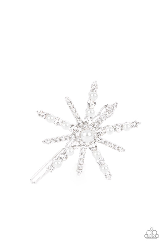 Paparazzi Accessories-Leading Luminary White Rhinestone Pearl Drop Hair Clip
