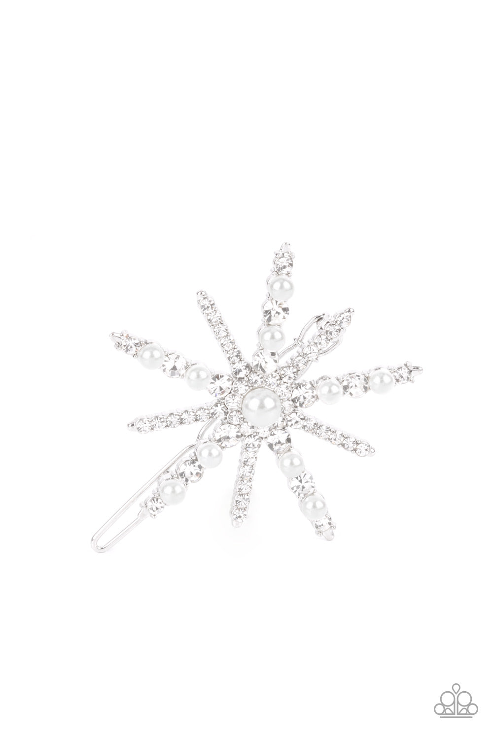 Paparazzi Accessories-Leading Luminary White Rhinestone Pearl Drop Hair Clip