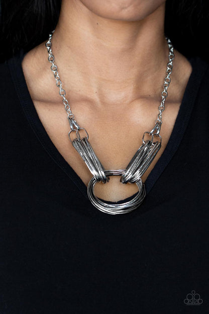 Paparazzi Accessories-Lip Sync Links Silver Oblong Rustic Necklace Set