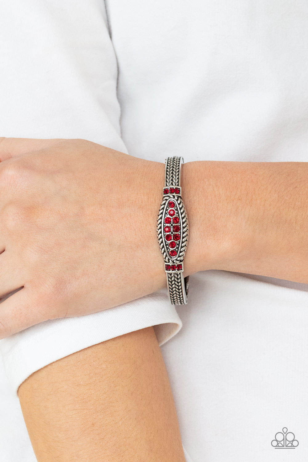 Paparazzi Accessories-Locked in Luster Red Rhinestone Rustic Cuff Bangle Bracelet