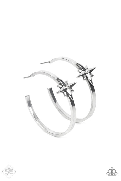 Paparazzi Accessories-Lone Star Shimmer White Rhinestone Silver Hoop Earrings