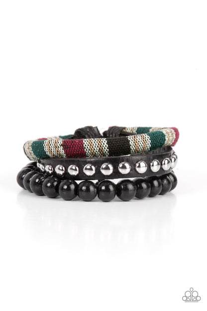 Paparazzi Accessories-Loom Zoom Black Wooden Bead Textile Leather Bracelet
