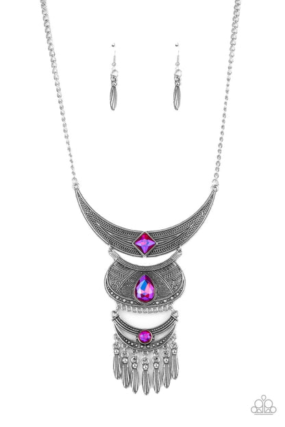 Paparazzi Accessories-Lunar Enchantment Pink UV Shimmer Crescent Moon Necklace Set