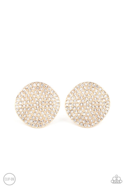 Paparazzi Accessories-Lunch At The Louvre Gold Disc White Rhinestone Clip-On Earrings