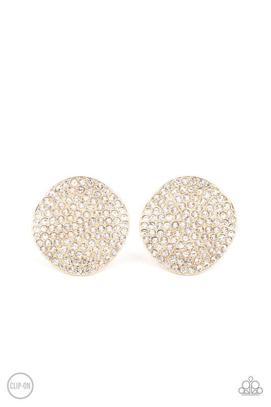 Paparazzi Accessories-Lunch At The Louvre Gold Disc White Rhinestone Clip-On Earrings