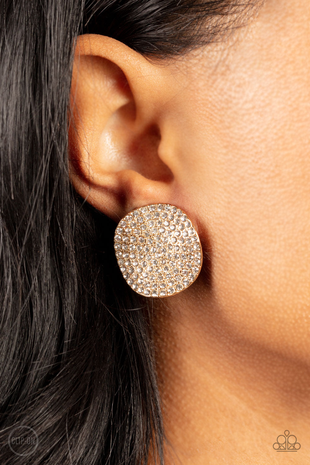 Paparazzi Accessories-Lunch At The Louvre Gold Disc White Rhinestone Clip-On Earrings