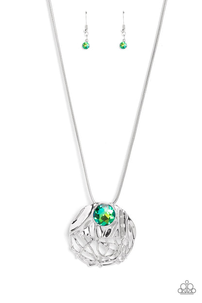 Paparazzi Accessories-Lush Lattice Green Gem Abstract Pendant Necklace Set