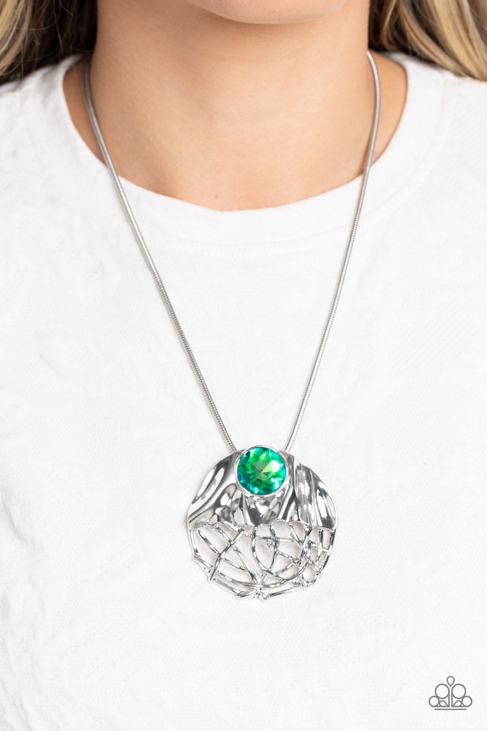 Paparazzi Accessories-Lush Lattice Green Gem Abstract Pendant Necklace Set