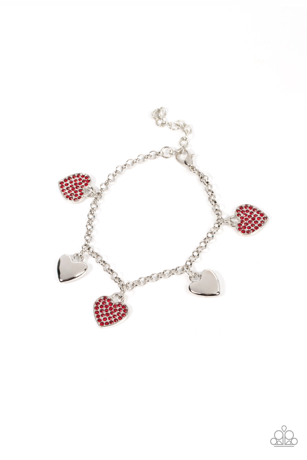 Paparazzi Accessories-Lusty Lockets Red Rhinestone Silver Heart Charm Bracelet
