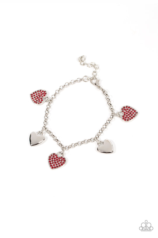Paparazzi Accessories-Lusty Lockets Red Rhinestone Silver Heart Charm Bracelet