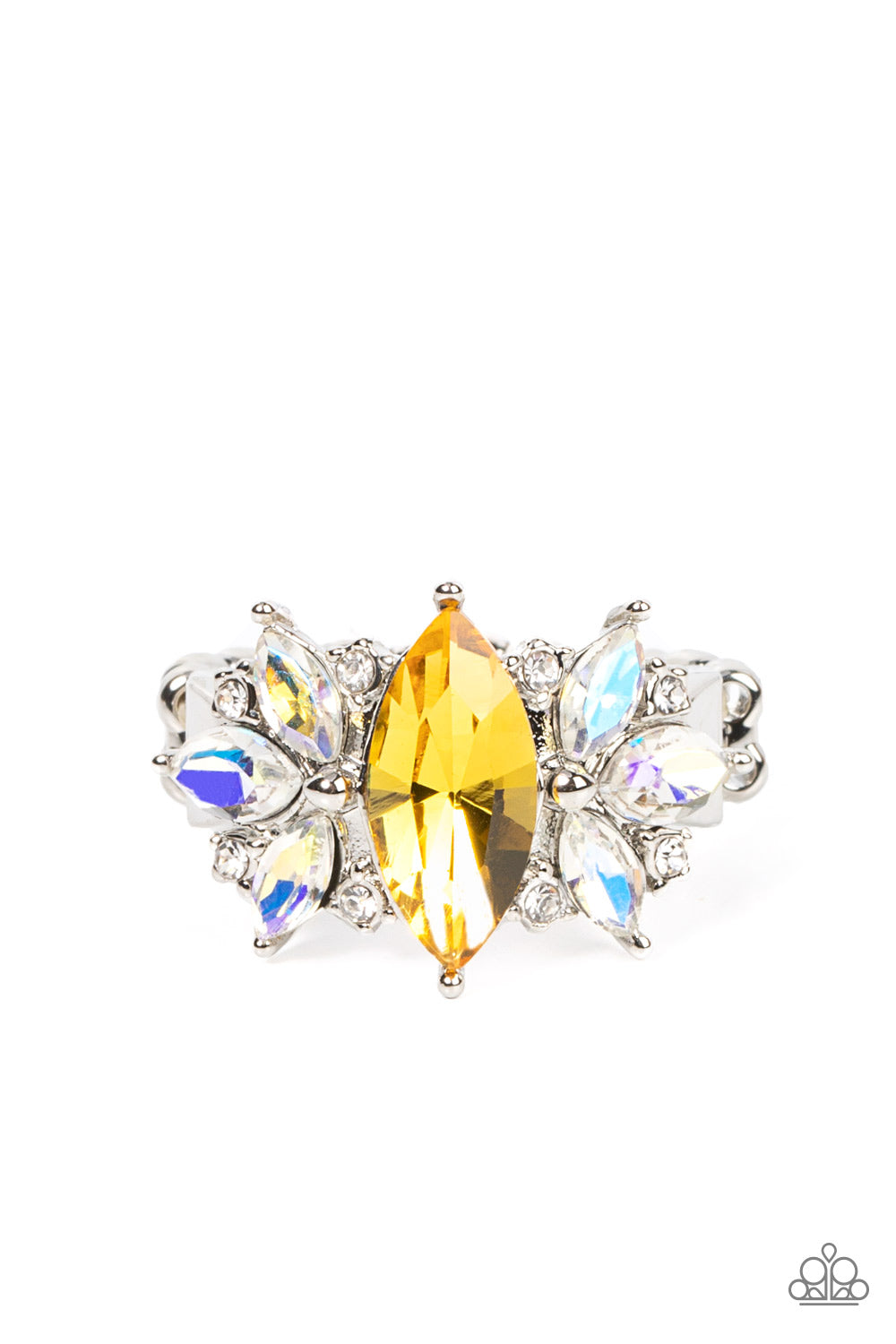 Paparazzi Accessories-Luxury Luster Yellow Iridescent White Rhinestone Marquise Ring