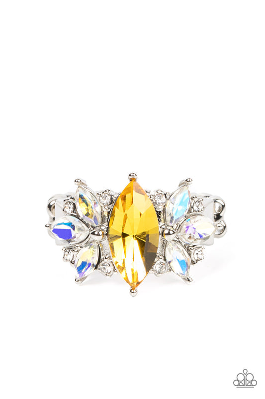 Paparazzi Accessories-Luxury Luster Yellow Iridescent White Rhinestone Marquise Ring