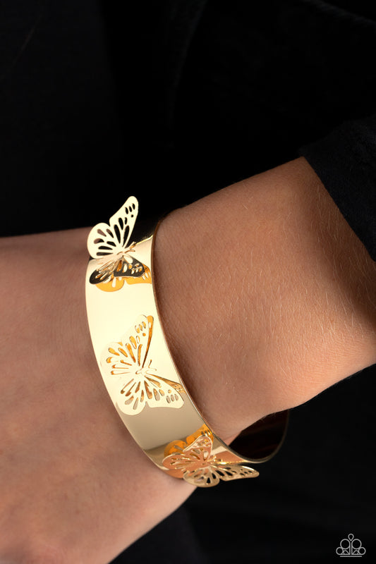 Paparazzi Accessories-Magical Mariposas Gold Butterflies Cuff Bracelet
