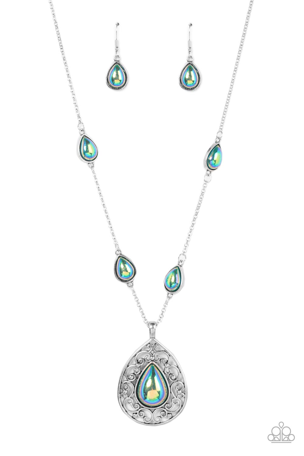 Paparazzi Accessories-Magical Masquerade Green Iridescent Teardrop Necklace Set