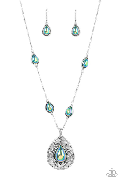 Paparazzi Accessories-Magical Masquerade Green Iridescent Teardrop Necklace Set