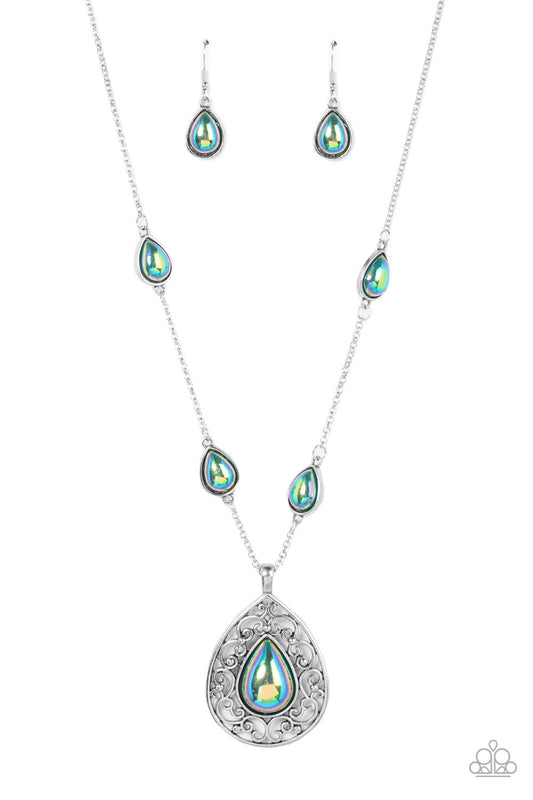 Paparazzi Accessories-Magical Masquerade Green Iridescent Teardrop Necklace Set