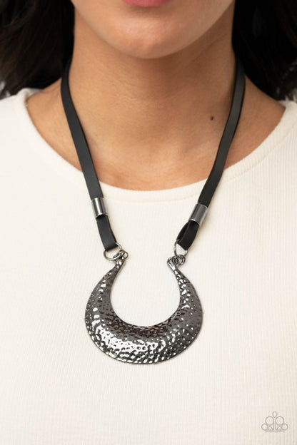 Paparazzi Accessories-Majorly Moonstruck Black Gunmetal Half Moon Necklace Set