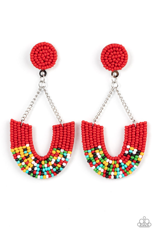 Paparazzi Accessories-Make It RAINBOW Red Multicolored Seed Bead Earrings