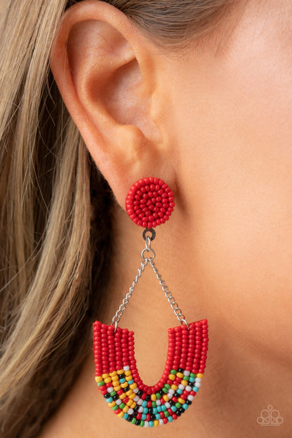 Paparazzi Accessories-Make It RAINBOW Red Multicolored Seed Bead Earrings