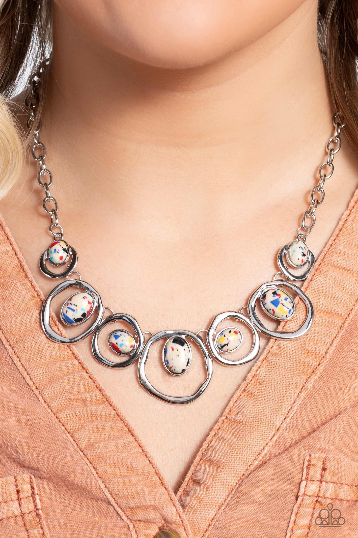 Paparazzi Accessories-Marble Medley Yellow Stone Silver Hoop Necklace Set