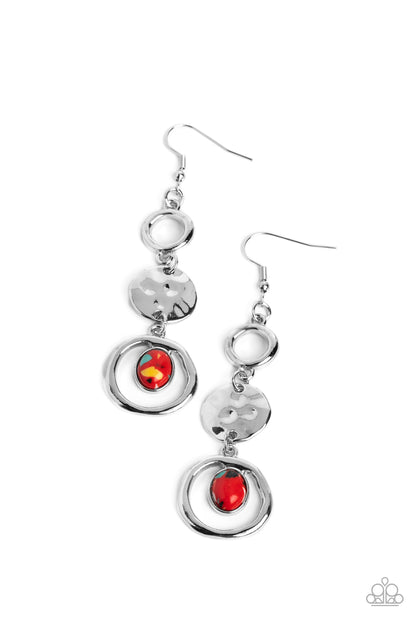 Paparazzi Accessories-Marble Montage Red Shimmer Silver Disc Hoop Earrings