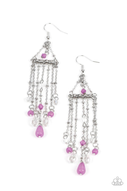 Paparazzi Accessories-Marina Breeze Purple Bead Silver Tassel Earrings