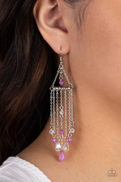 Paparazzi Accessories-Marina Breeze Purple Bead Silver Tassel Earrings