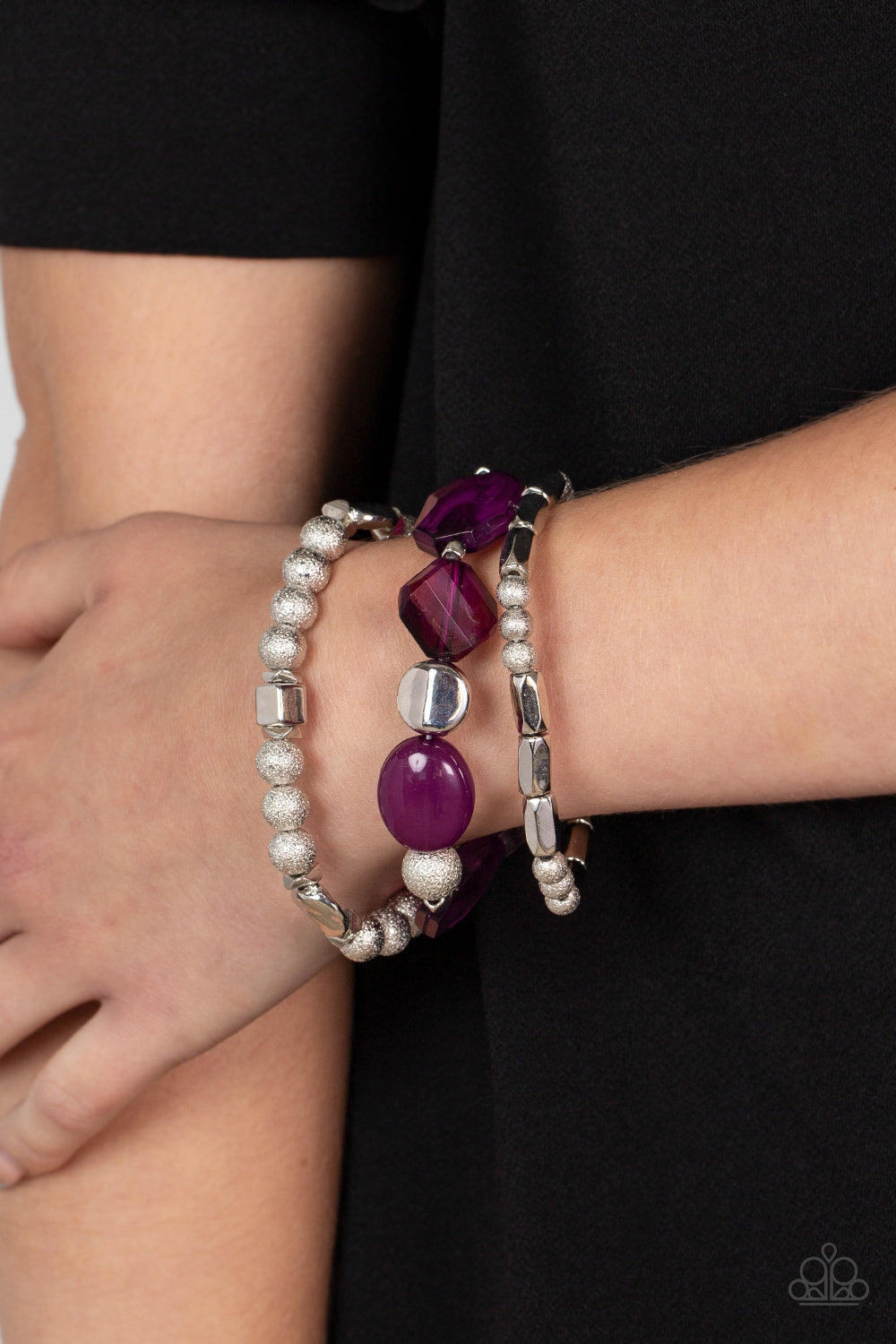 Paparazzi Accessories-Marina Magic Purple Plum Crystal Silver Bead Bracelet