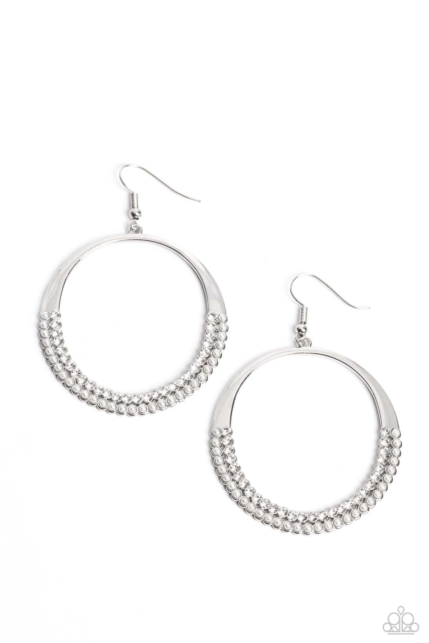 Paparazzi Accessories-Material PEARL White Rhinestone Hoop Earrings