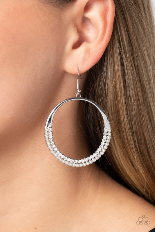 Paparazzi Accessories-Material PEARL White Rhinestone Hoop Earrings