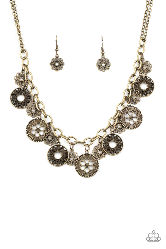 Paparazzi Accessories-Meadow Masquerade Brass Floral Necklace Set