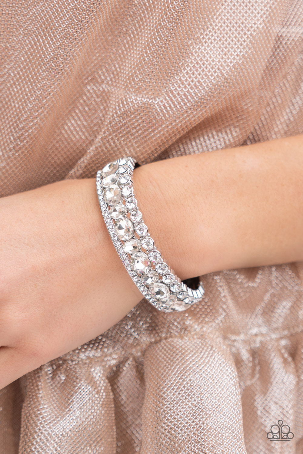 Paparazzi Accessories-Mega Megawatt White Rhinestone Stacked Bangle Bracelet