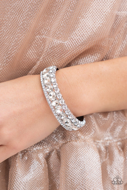 Paparazzi Accessories-Mega Megawatt White Rhinestone Stacked Bangle Bracelet