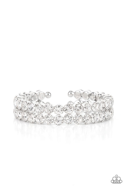 Paparazzi Accessories-Megawatt Majesty White Rhinestone Stacked Cuff Bracelet