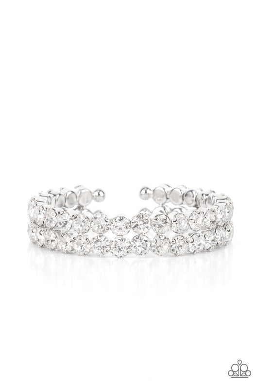 Paparazzi Accessories-Megawatt Majesty White Rhinestone Stacked Cuff Bracelet