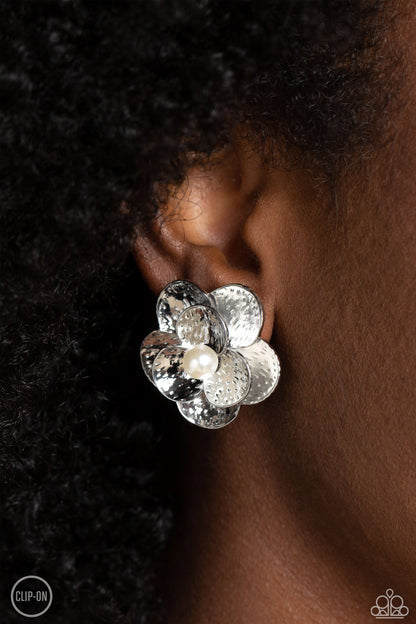 Paparazzi Accessories-Miami Magic White Pearl Silver Petal Earrings