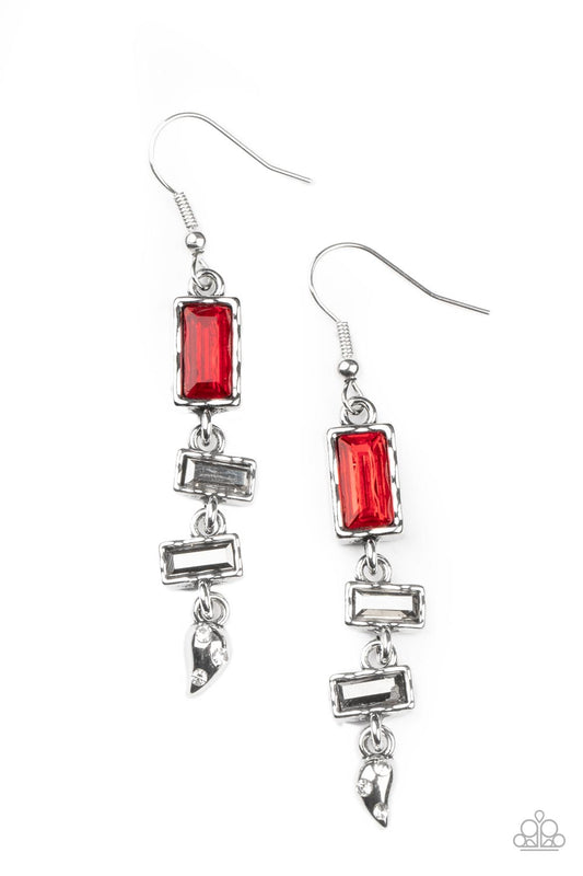 Paparazzi Accessories-Modern Day Artifact Red Emerald Cut Hematite Rhinestone Earrings