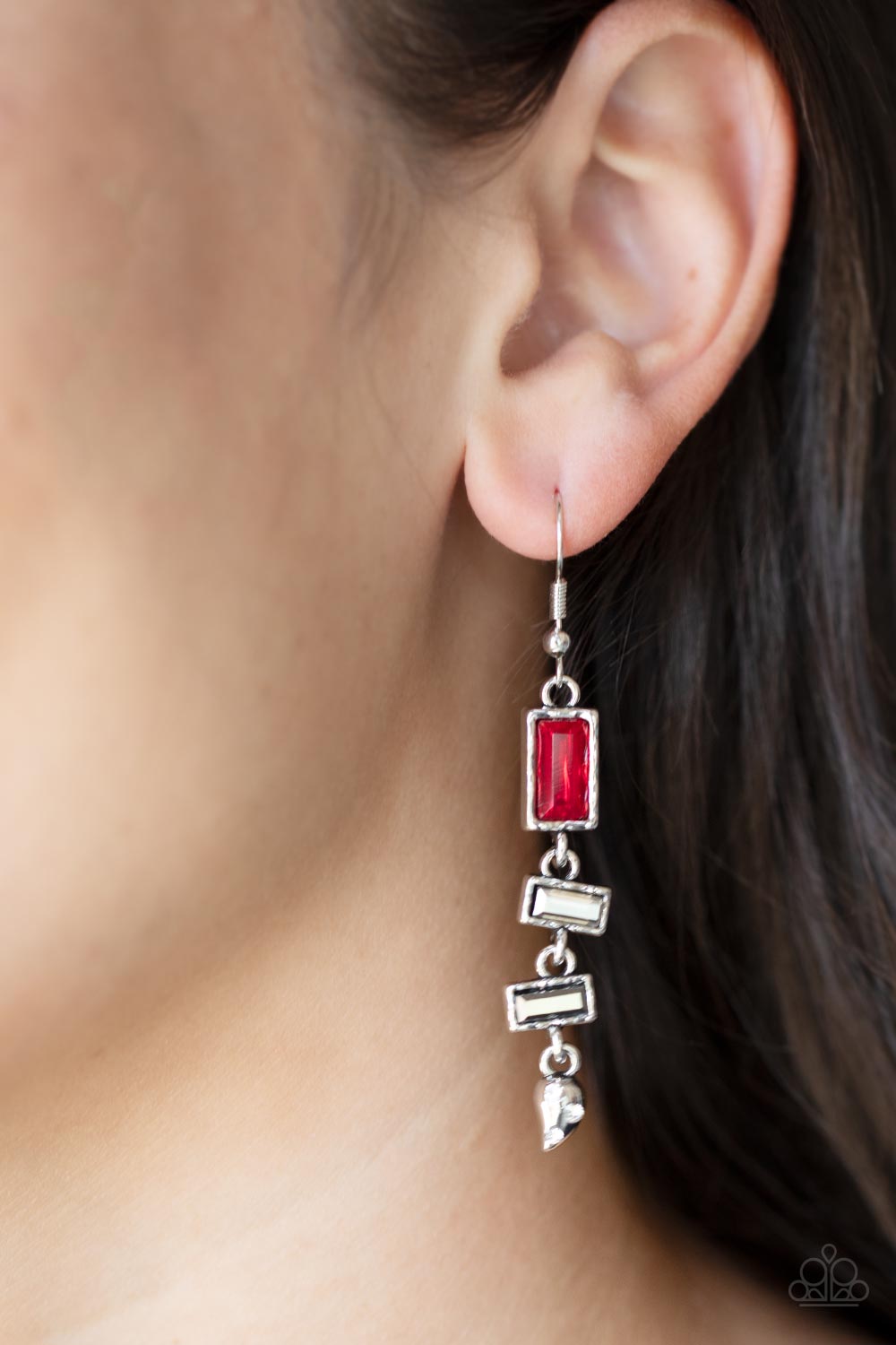 Paparazzi Accessories-Modern Day Artifact Red Emerald Cut Hematite Rhinestone Earrings