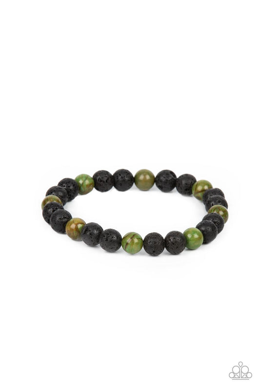Paparazzi Accessories-Molten Mogul Green Black Lava Rock Men's Bracelet