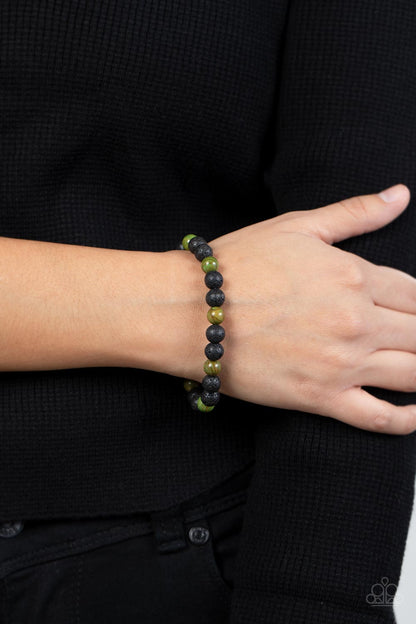 Paparazzi Accessories-Molten Mogul Green Black Lava Rock Men's Bracelet