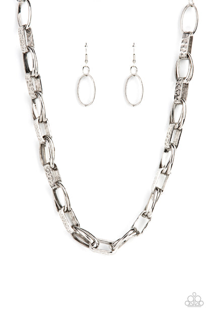 Paparazzi Accessories-Motley In Motion Silver Hammered Link Necklace Set