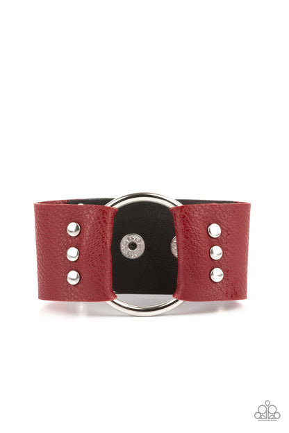 Paparazzi Accessories-Moto Mayhem Red Rustic Silver Hoop Bracelet
