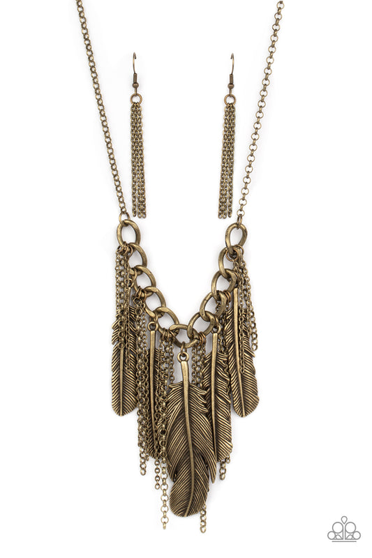 Paparazzi Accessories-NEST Friends Forever Brass Feather Chain Necklace Set