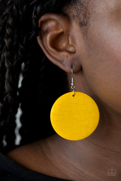 Paparazzi Accessories-Natural Novelty Yellow Wooden Disc Earrings