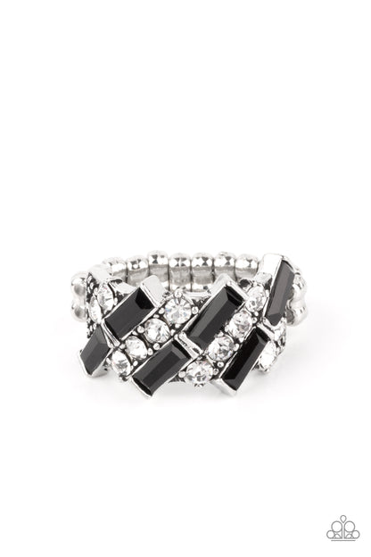 Paparazzi Accessories-Noble Novelty Black Stack White Rhinestone Ring