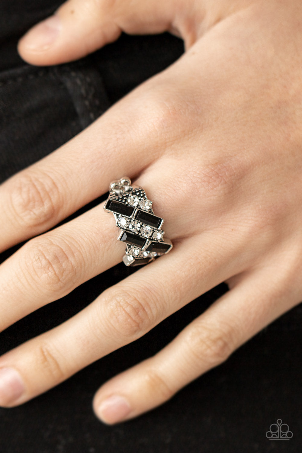 Paparazzi Accessories-Noble Novelty Black Stack White Rhinestone Ring