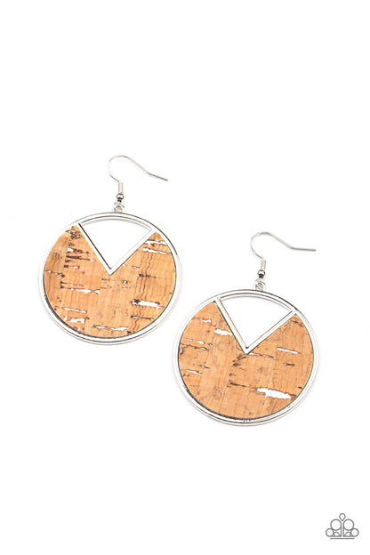 Paparazzi Accessories-Nod to Nature Earthy Cork White Accent Earrings