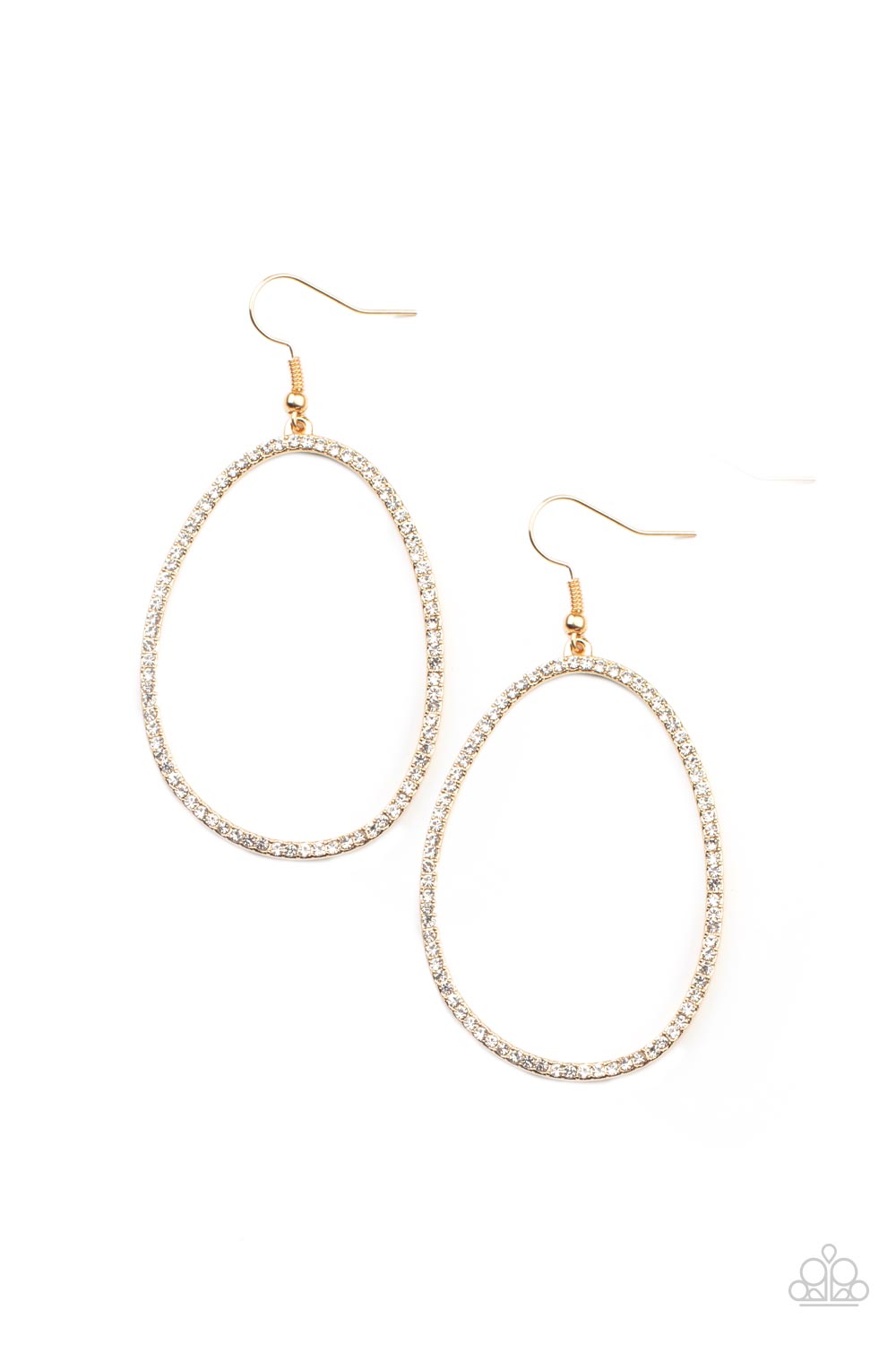 Paparazzi Accessories-OVAL-ruled Gold White Rhinestone Earrings